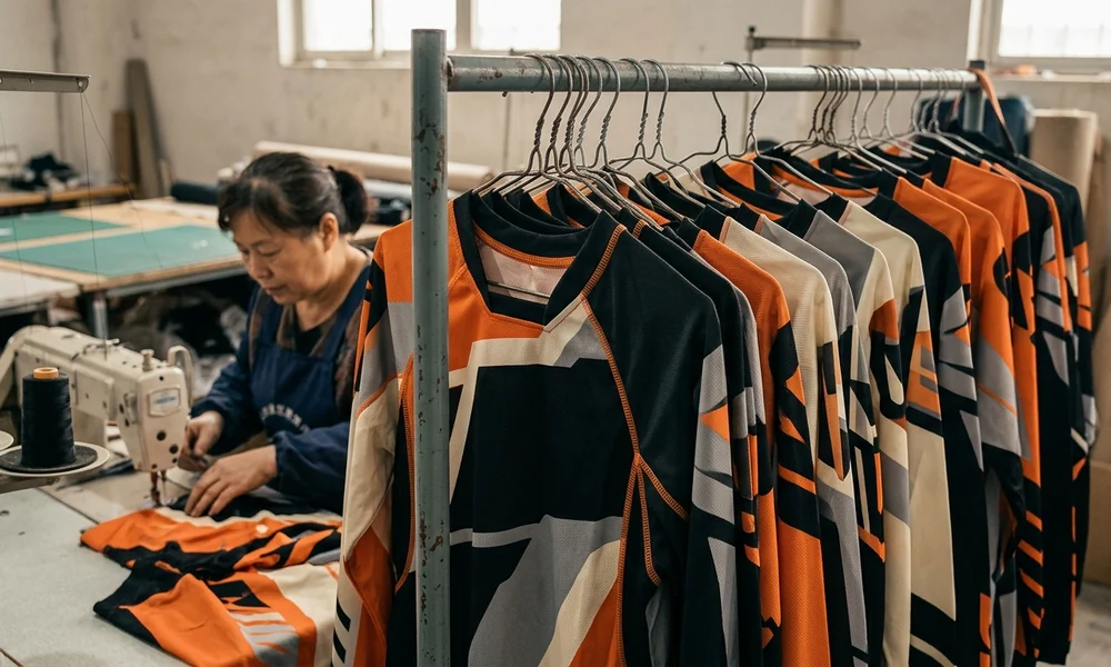 Rack of team jerseys in one design across many sizes