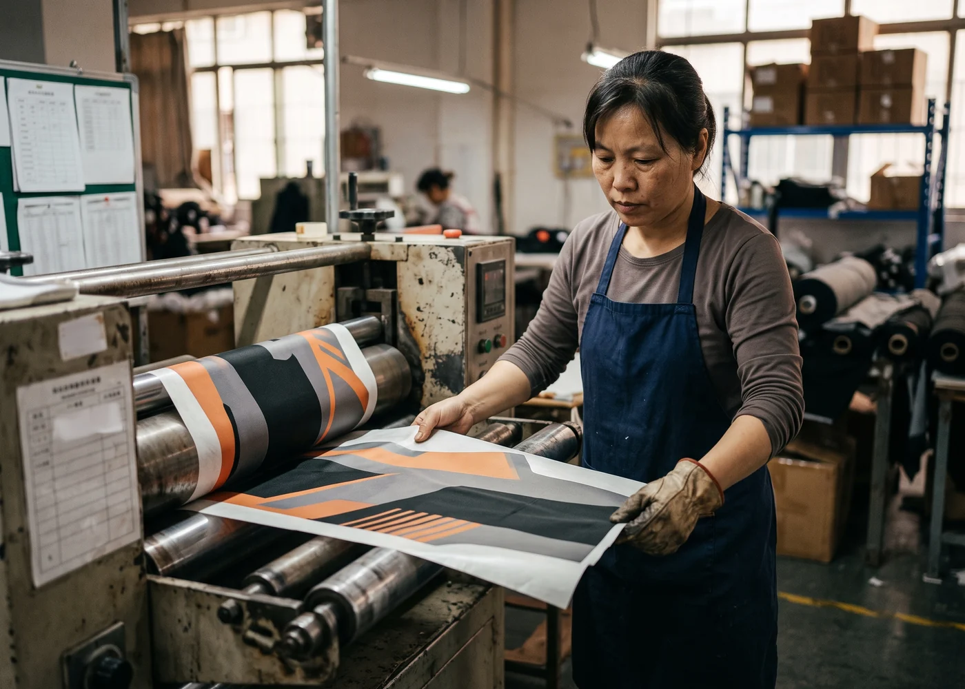 Heat calender feeding printed transfer paper and fabric panels