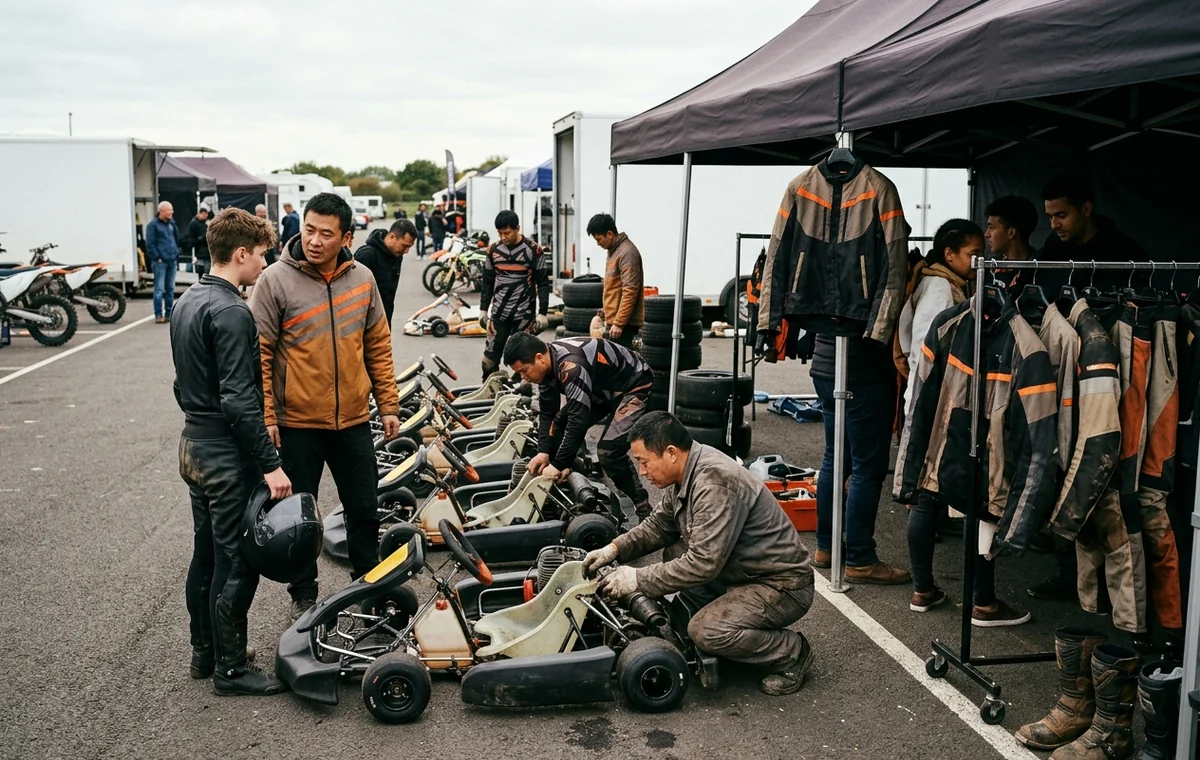 Paddock scene with a team, a karting fleet and a dealer display side by side