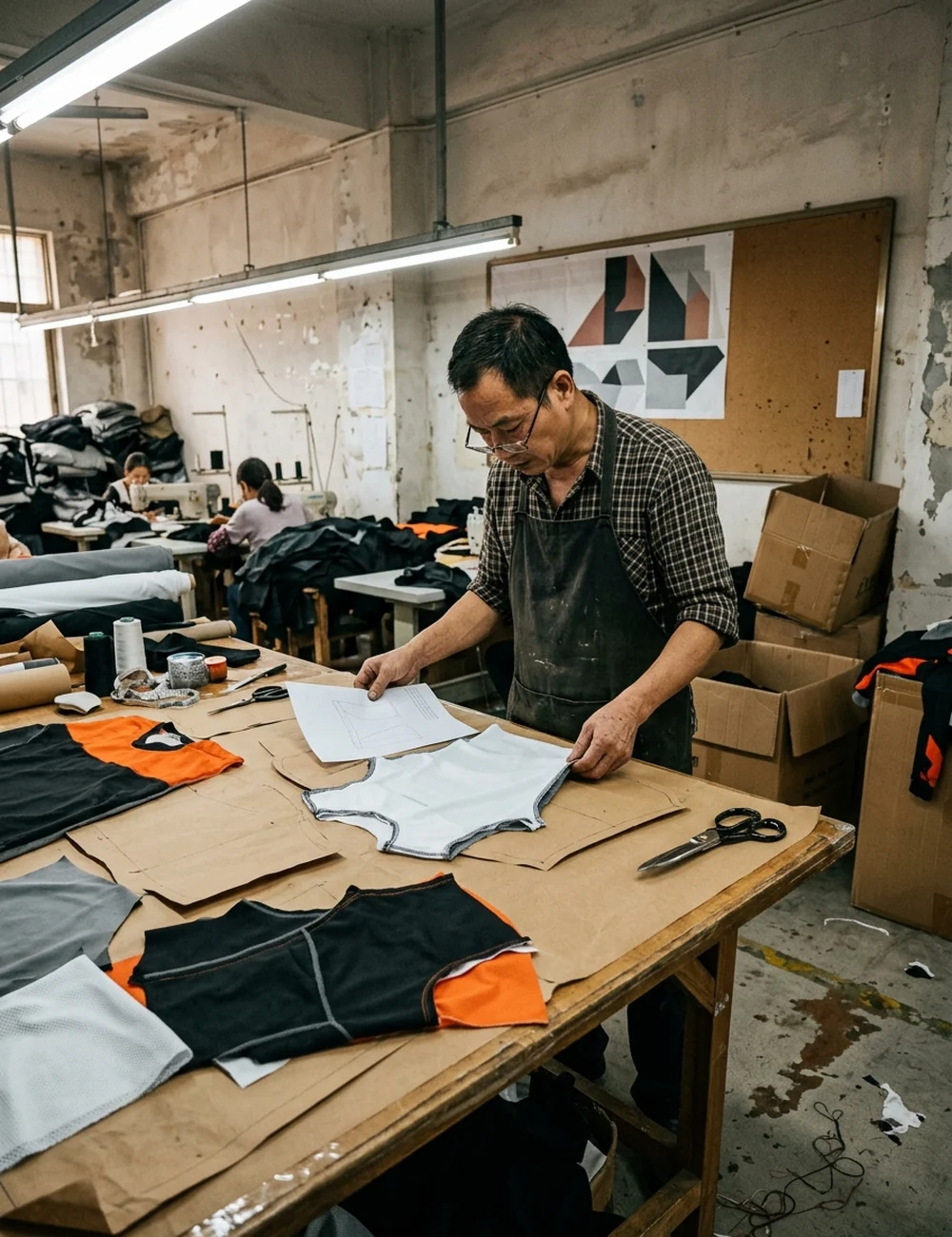 Pattern maker at a motorcycle apparel manufacturer checking a motocross jersey block on the table