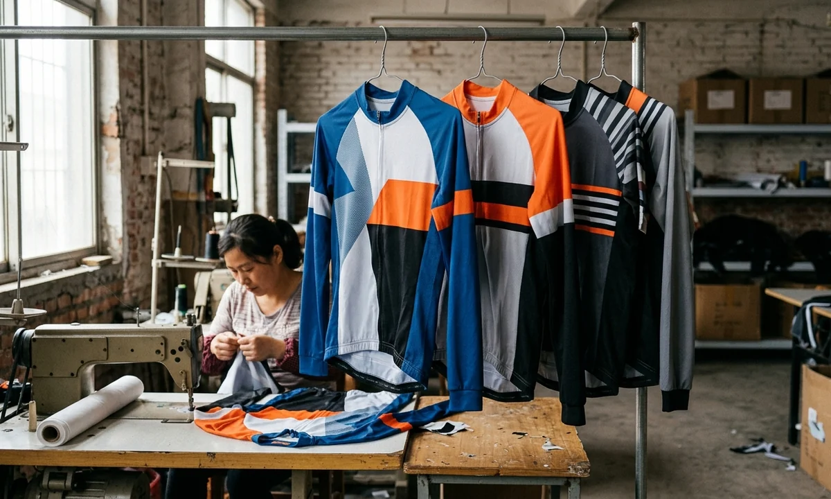Early sublimated team cycling kits hanging in one colorway