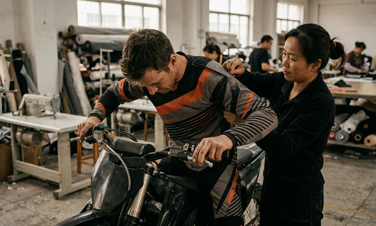 Rider in attack position on a bike during a jersey fitting