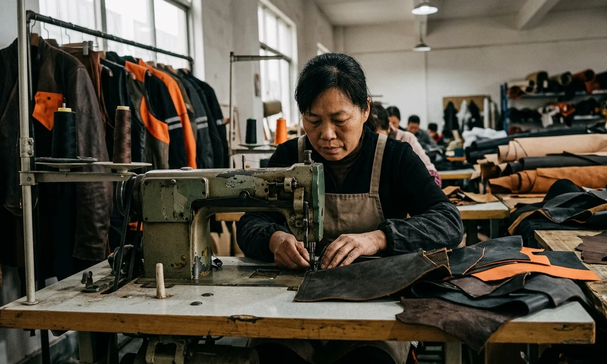 Cowhide panels and a heavy-duty sewing machine in the leather workshop