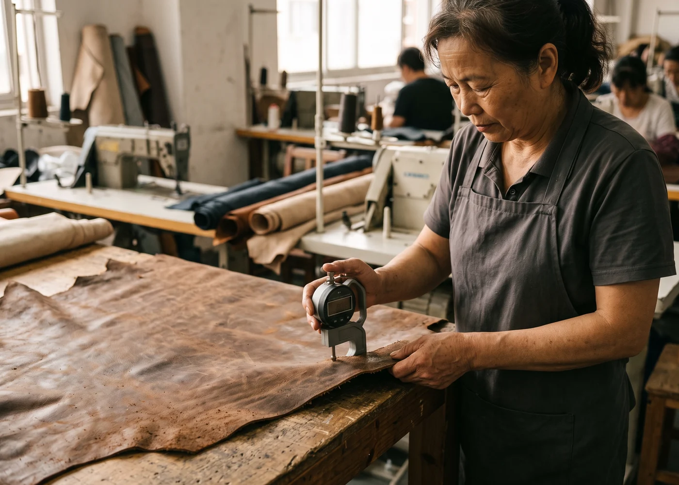 Thickness gauge measuring a cowhide before cutting