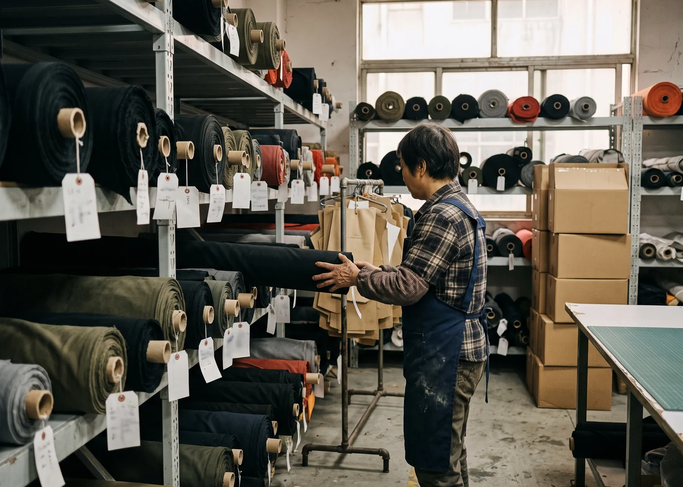 Fabric rolls with lot tags in the material store
