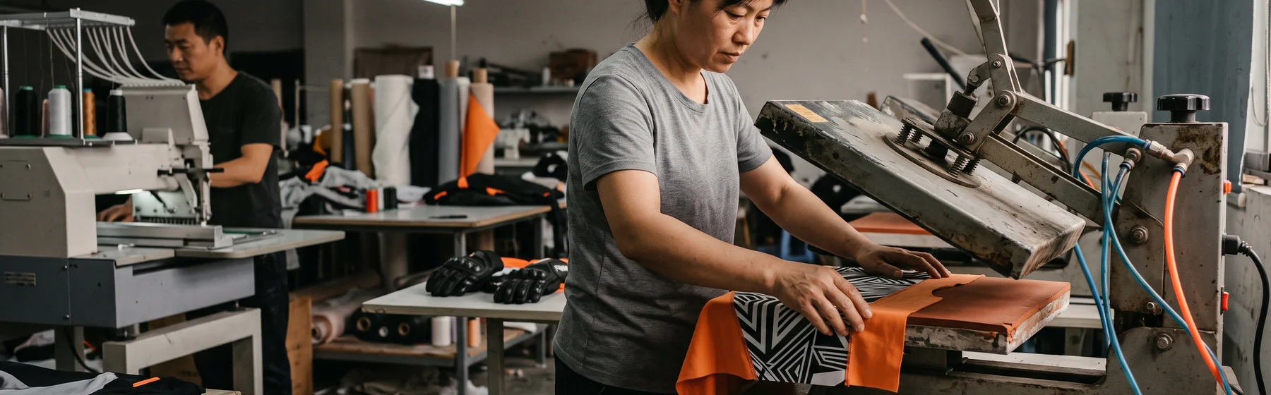 Embroidery heads and heat-transfer presses in the decoration room