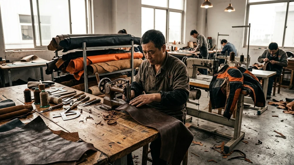 Leather workshop with hides being gauged and skived