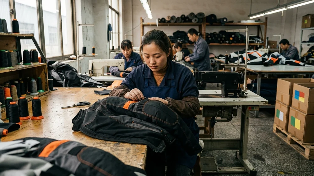 Sewing line at a motorcycle apparel manufacturer with mid-line inspection in progress