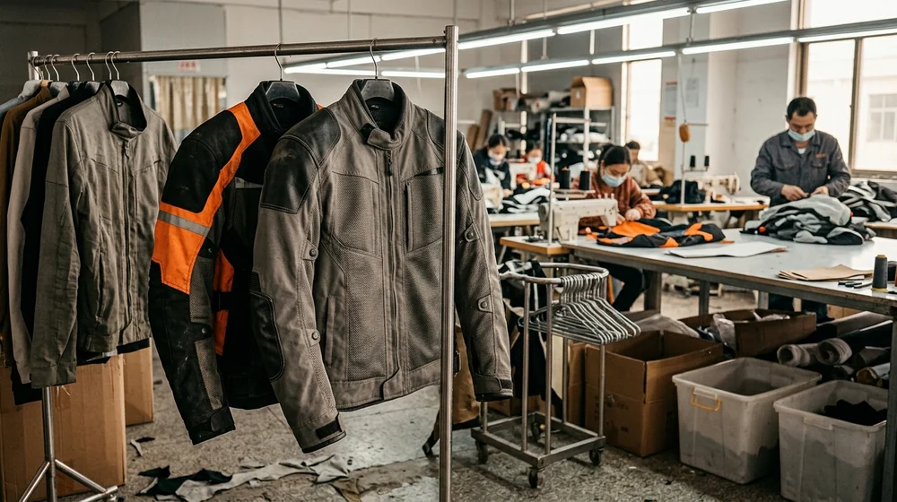 Touring, textile and mesh jackets side by side on the sample rail