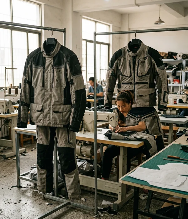Touring-length jacket over the pant next to an adventure-length jacket with a connection zip