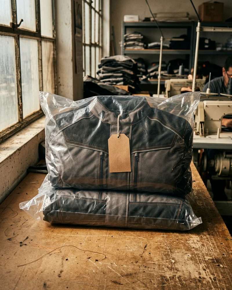 Touring jacket folded with liner in, bagged with the brand hangtag