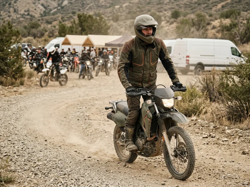 Rider standing on the pegs on a gravel track in a dual-sport touring jacket
