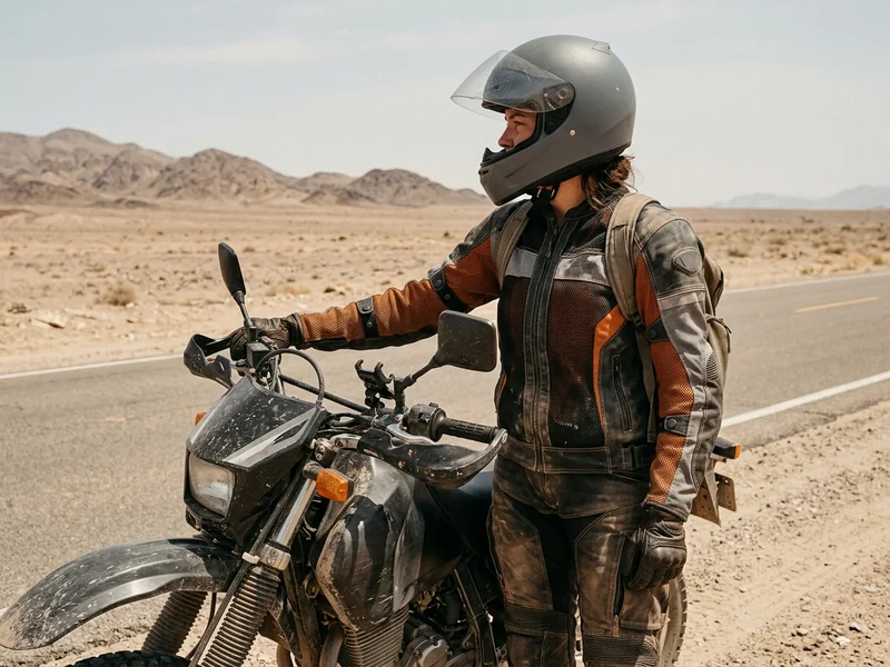 Rider in a mesh ADV jacket on a hot desert road
