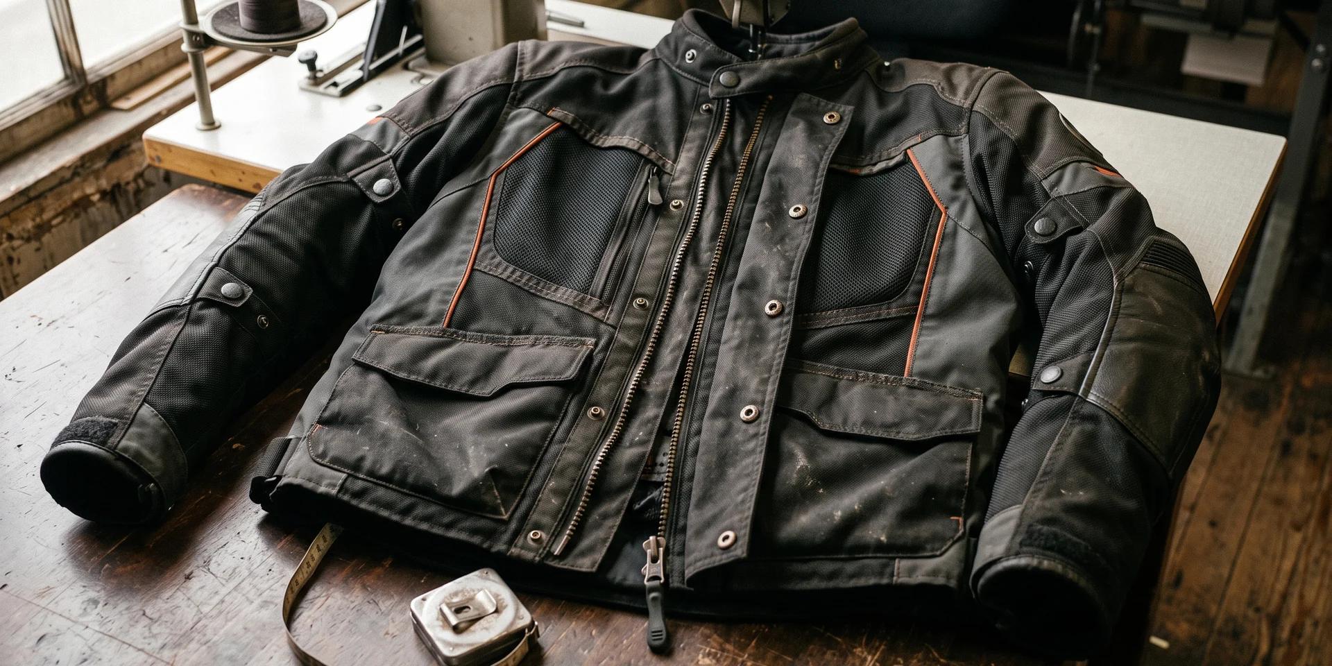 ADV touring jacket laid flat, front, storm flap and chest vents visible