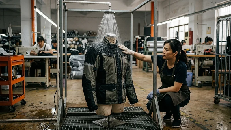 First jacket of a size on the form under the shower rig