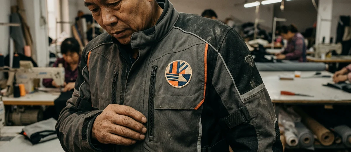 Club badge embroidered on the chest of a touring jacket