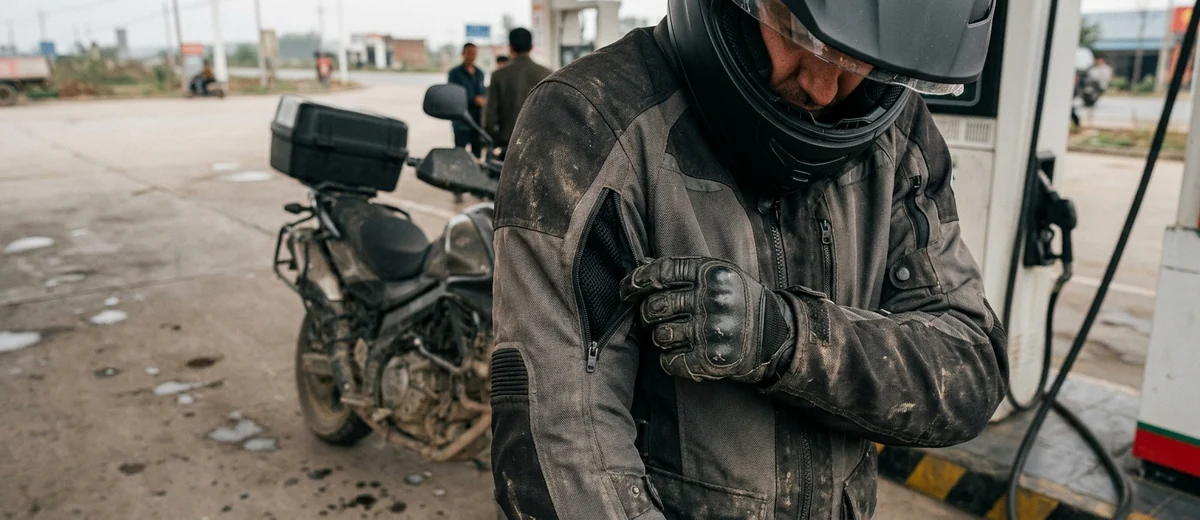 Rider opening the arm vent of a touring jacket with a gloved hand at a fuel stop