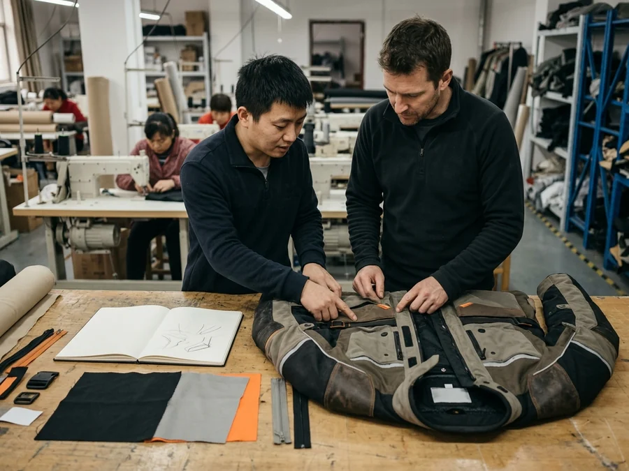 ADV gear brand tech pack and reference touring jacket on the development table