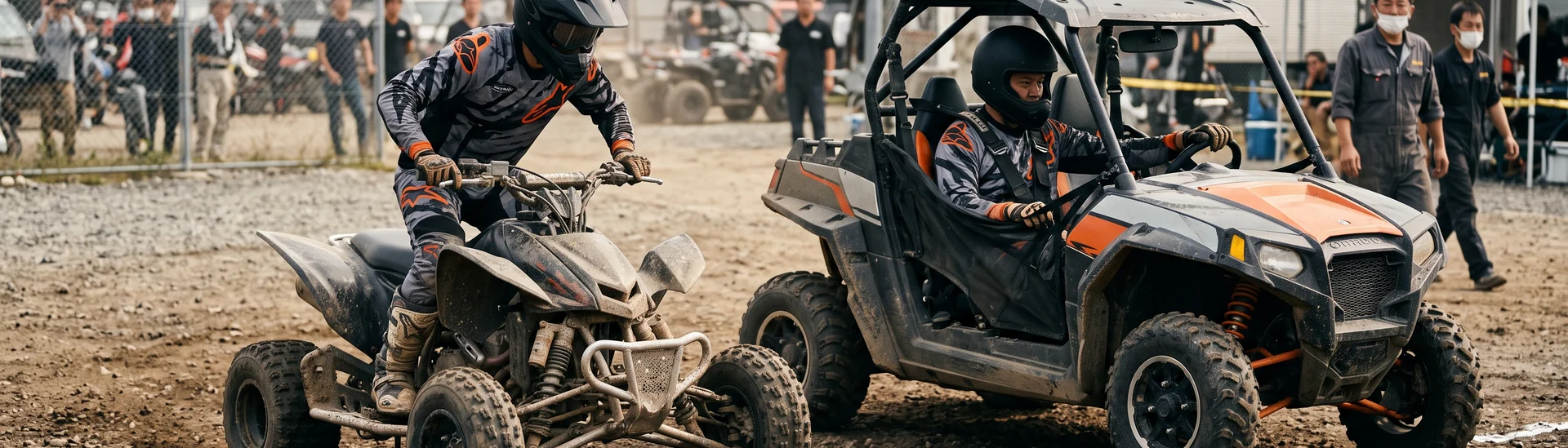 A quad and a side-by-side on the same start line, showing both riding positions