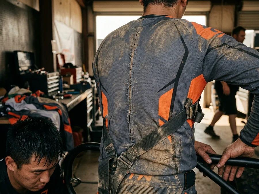 The seat back contact point on a UTV driver's jersey