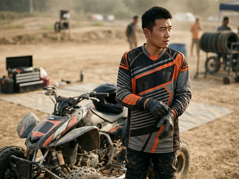 Quad racer in a full-sublimation ATV racing jersey on a dirt track