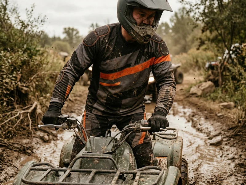 ATV rider in a reinforced off-road trail jersey on a muddy trail