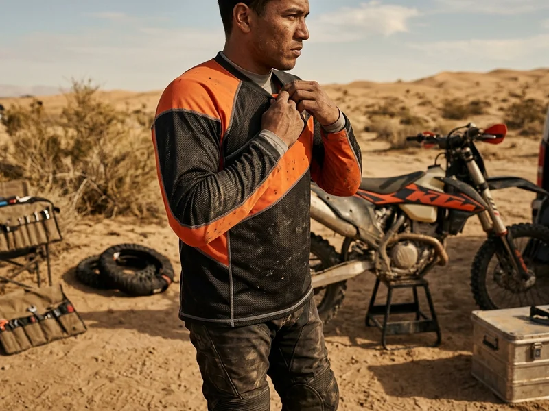 Off-road racer in a mesh racing jersey in the desert