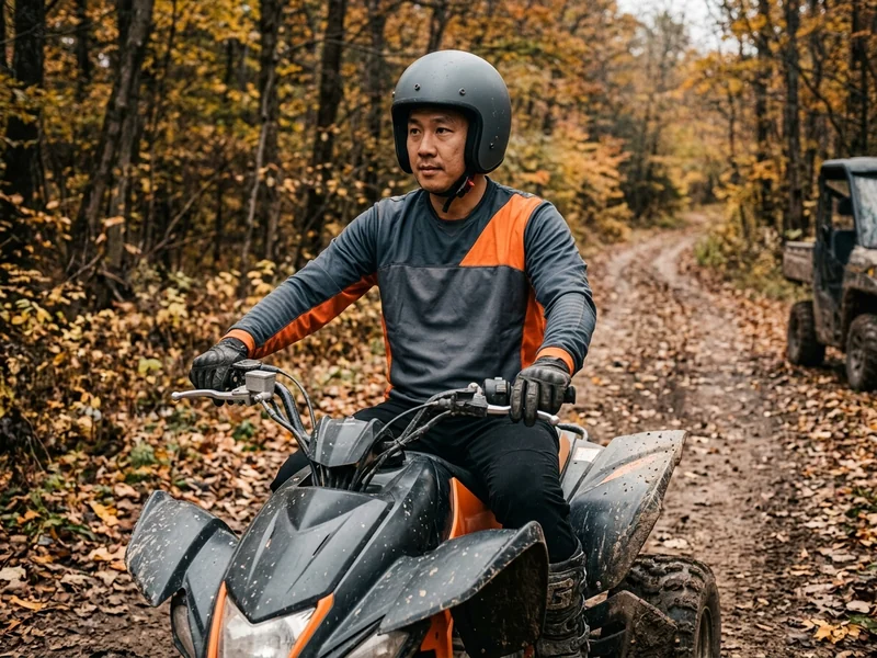 Rider in a windproof-front ATV jersey on a cool autumn trail