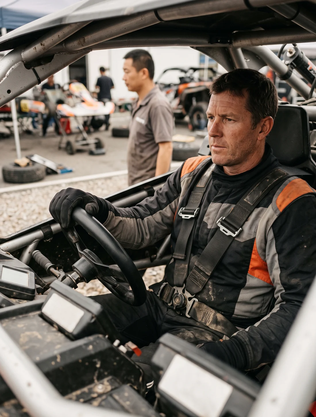 A UTV driver belted in, with the harness running diagonally across the chest