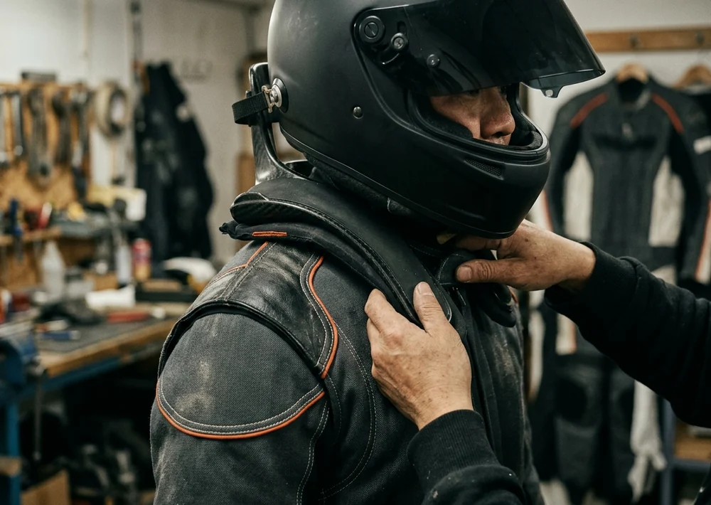 Fire suit collar sitting under a helmet and head-and-neck restraint