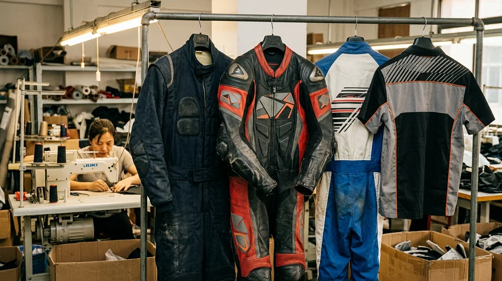 Fire suit, leather race suit, kart suit and pit-crew shirt on the workshop rail