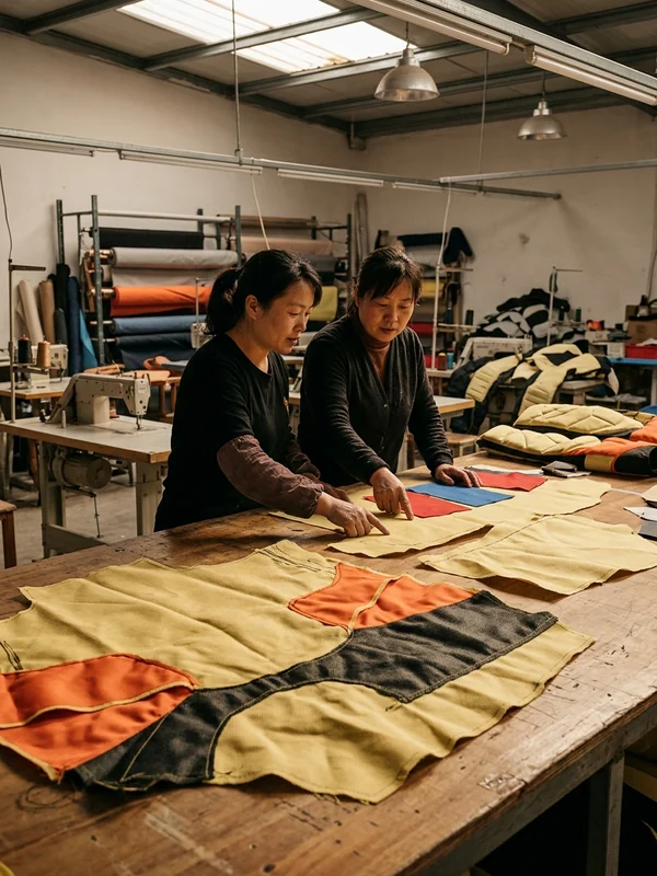 Colored aramid panels laid out to build a team livery