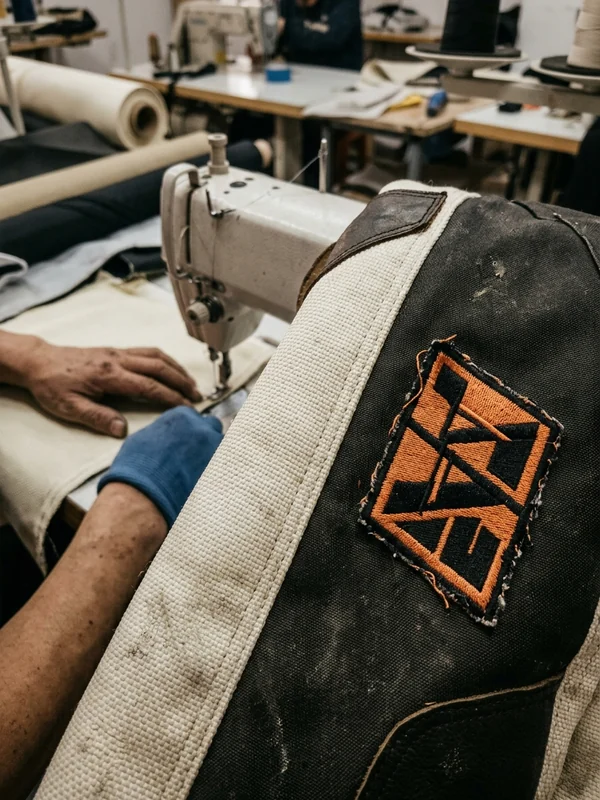 Embroidered sponsor mark next to a stitched aramid panel on a fire suit