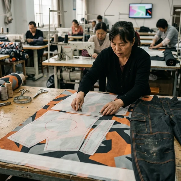 Fire suit layout on screen with pattern-piece outlines over the sponsor artwork