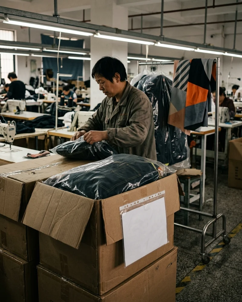Cartons of fire suits with the packing list before the photo set