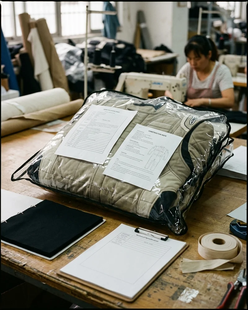 Fire suit in its bag with the driver's name, sheet and construction note