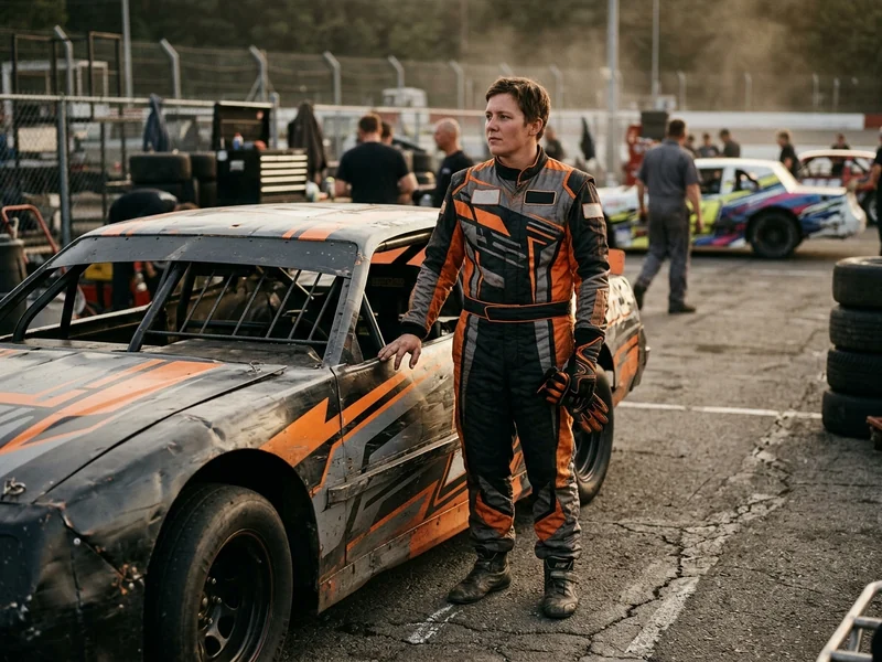 Stock car driver wearing a full custom fire suit beside the car