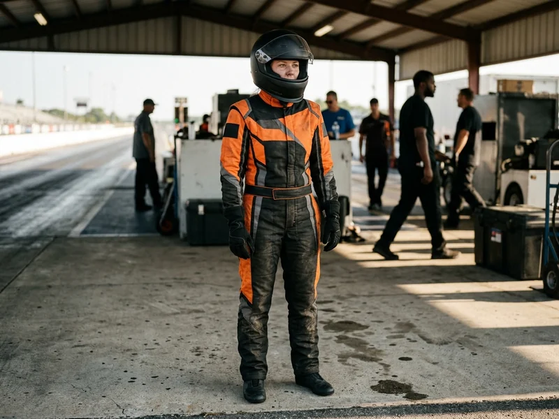 Drag racing driver standing in a full custom fire suit at the start area