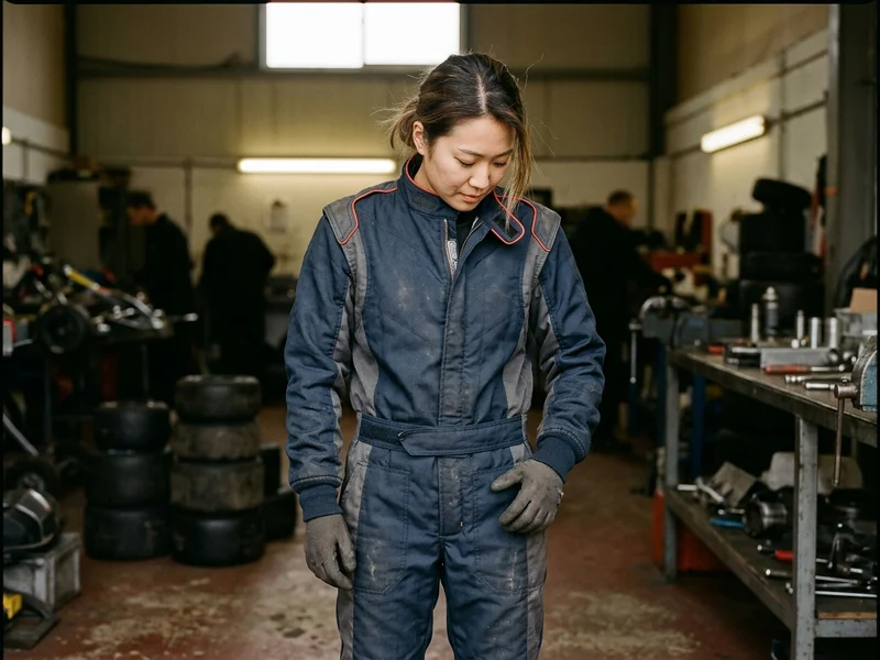 Two-piece driver fire suit, jacket and pants, full front view