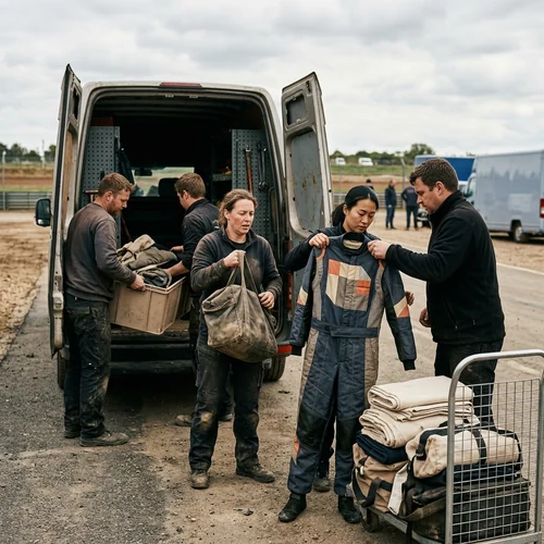 Team collecting a packed kit at the track