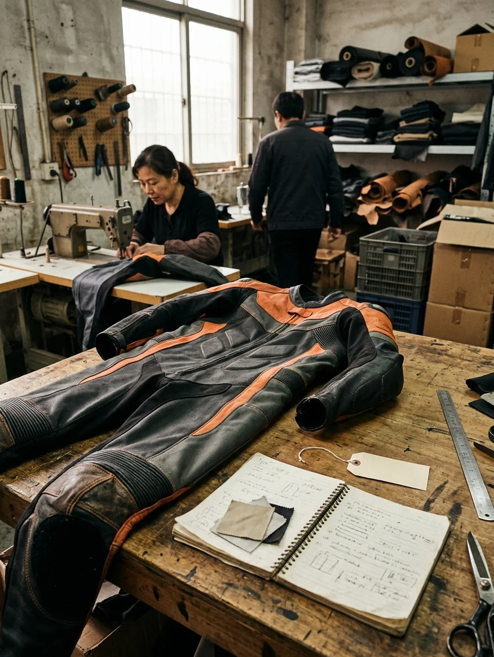 Written construction note and series rulebook laid next to a fire suit sample
