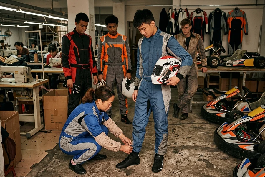 Kart racing program drivers in a sized run of fire-retardant suits