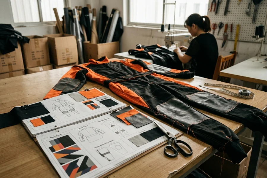 Racing brand tech pack and reference fire suit on the sample-room table