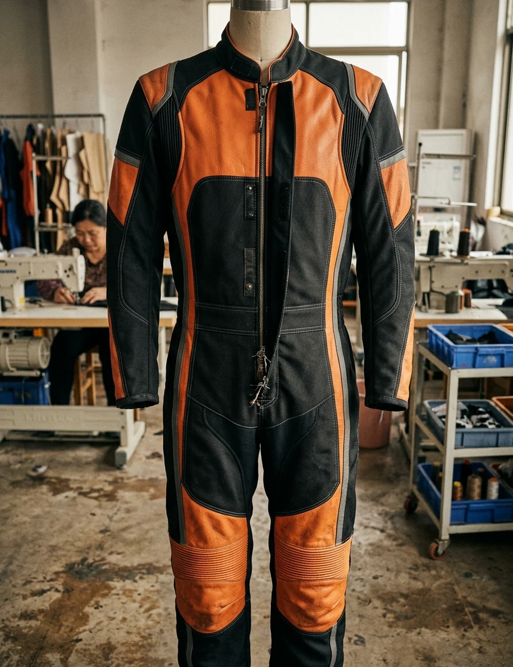 Custom kart suit on a form, front view, stretch panels and zip flap visible