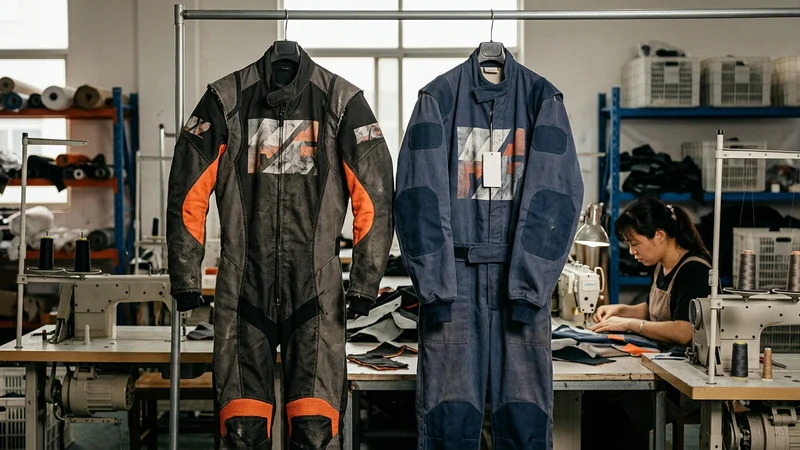 Race-cut and fleet-cut custom kart suits side by side