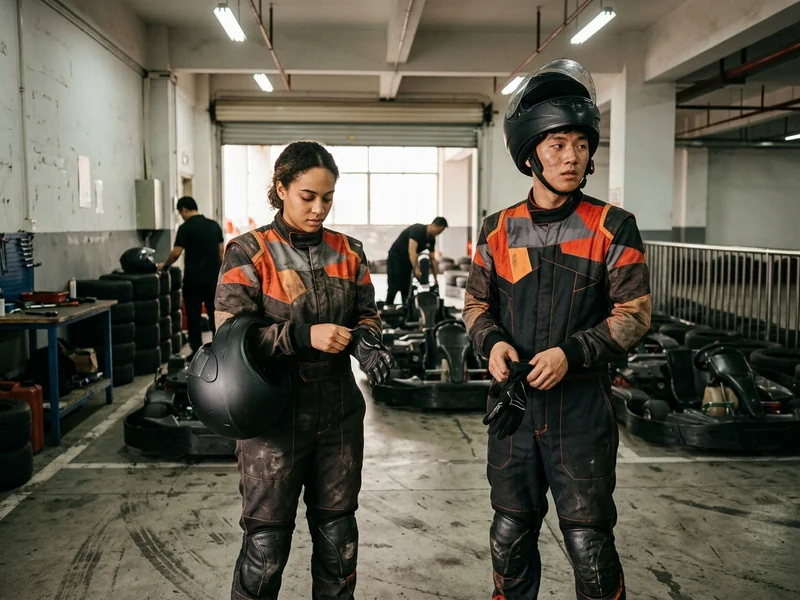 Indoor karting suits in venue colors worn by drivers in an indoor kart hall