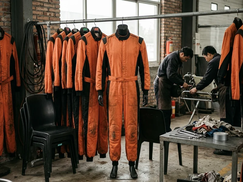 Rental kart suits in one centre colorway hanging by size on a rail