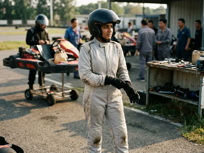 Lightweight light-colored kart suit worn by a driver on a sunny outdoor track