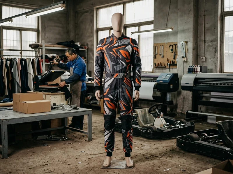 Full-length sublimated kart suit with an all-over printed livery, front view