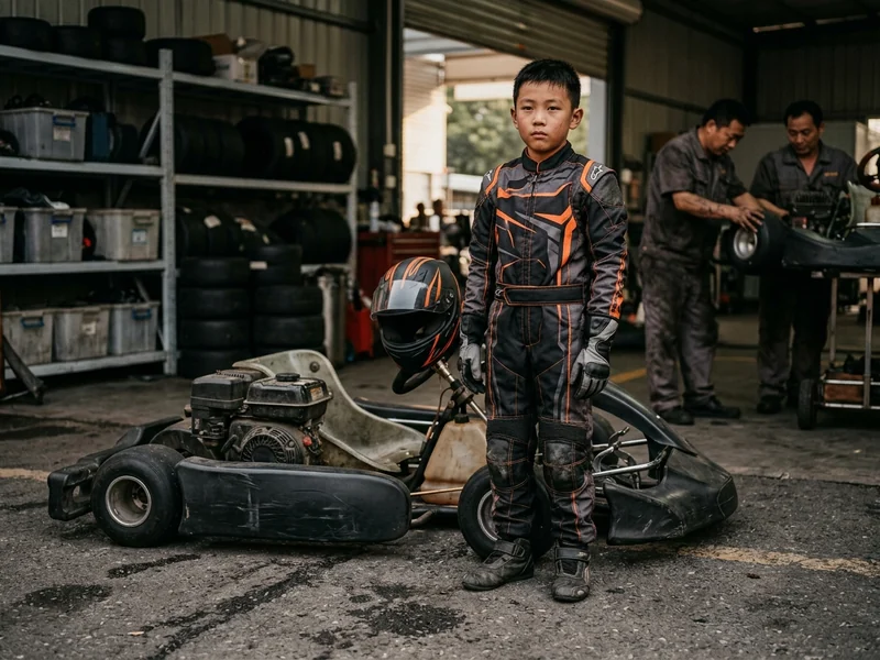 Young kart driver standing beside a kart in a full custom youth kart suit